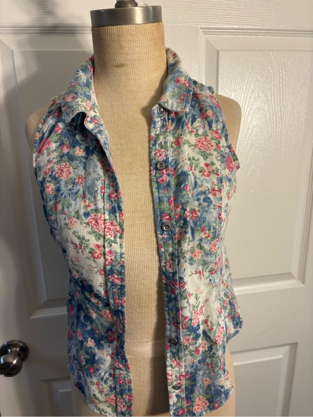 Sleeveless Floral Button-Front Top - Blue & Pink